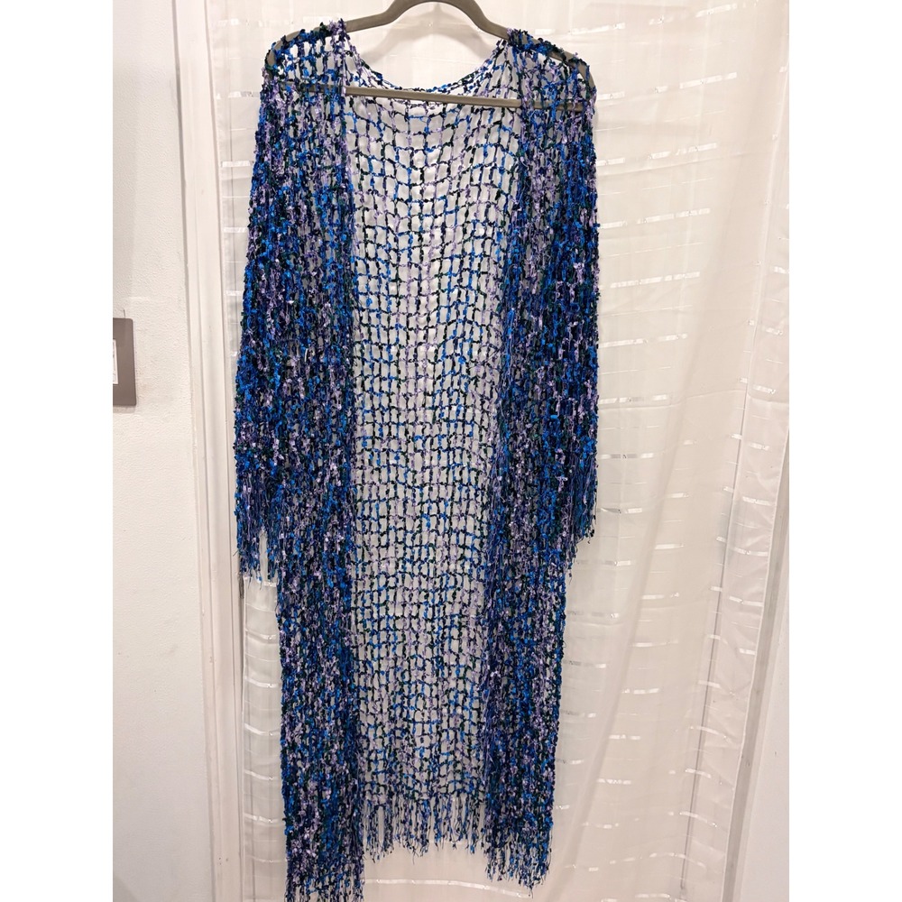 Chico's Blue Purple Open Knit Ribbon Yarn Duster Cardigan Fringe One Size